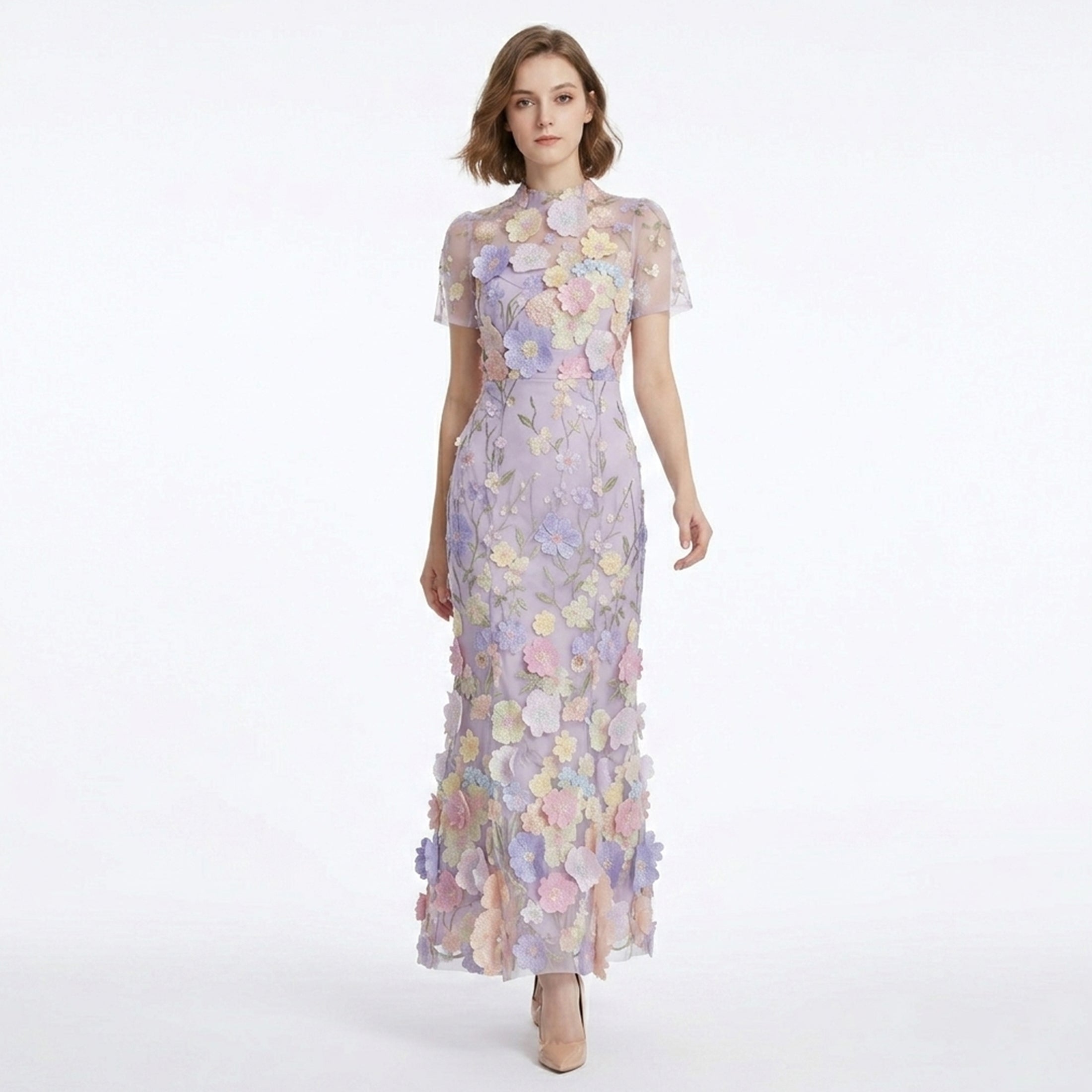 Robe Maxi à Col Montant avec Appliqué Floral Élégante pour Femme