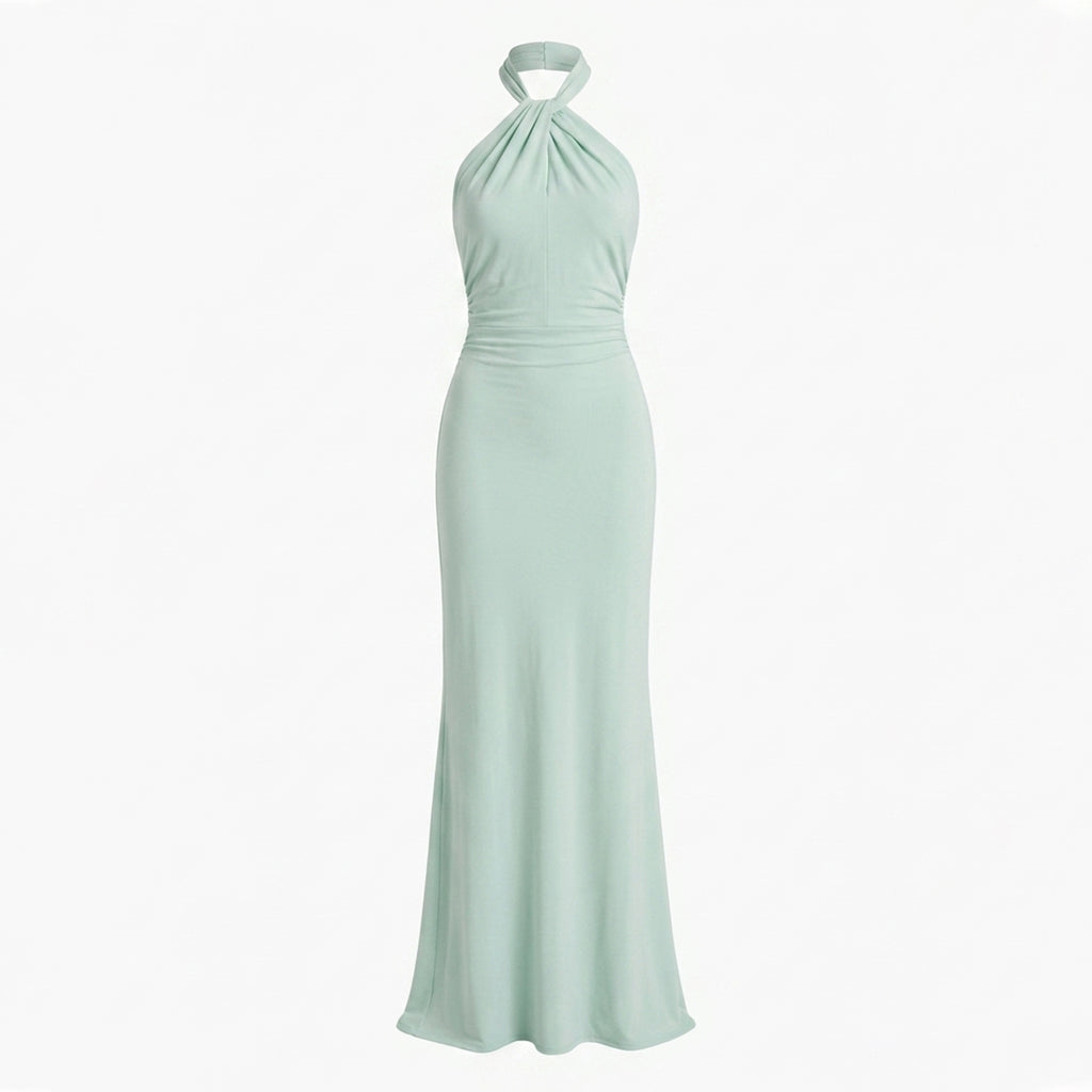 Elegant Halter Neck Ruched Maxi Dress Women's