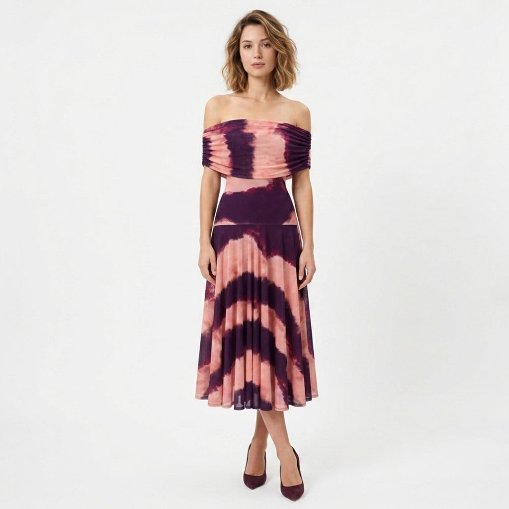 Robe midi froncée à épaules dénudées pour femmes été