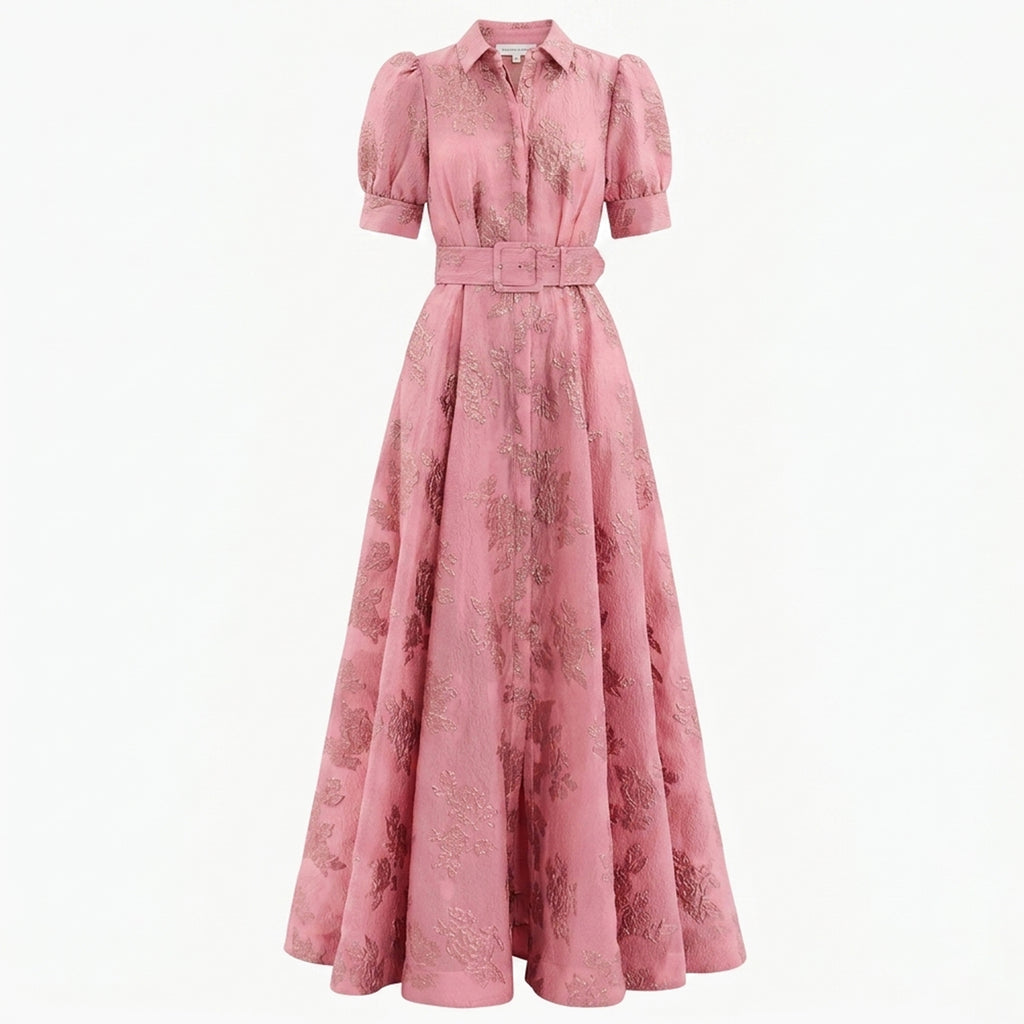 Robe Maxi Ceinturée Rose Invité de Mariage Femme