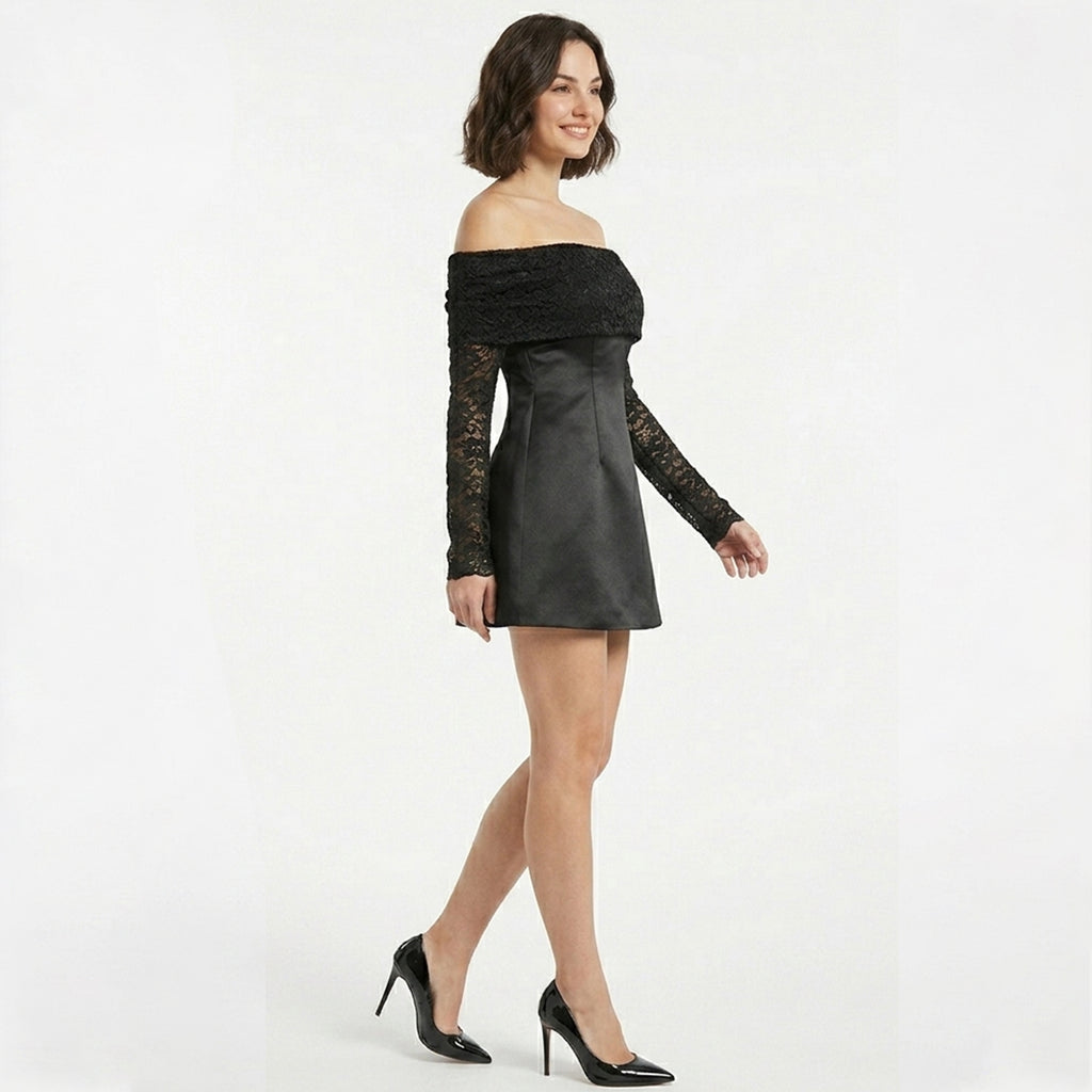 Robe Mini en Dentelle à Épaules Dégagées Cocktail Femme