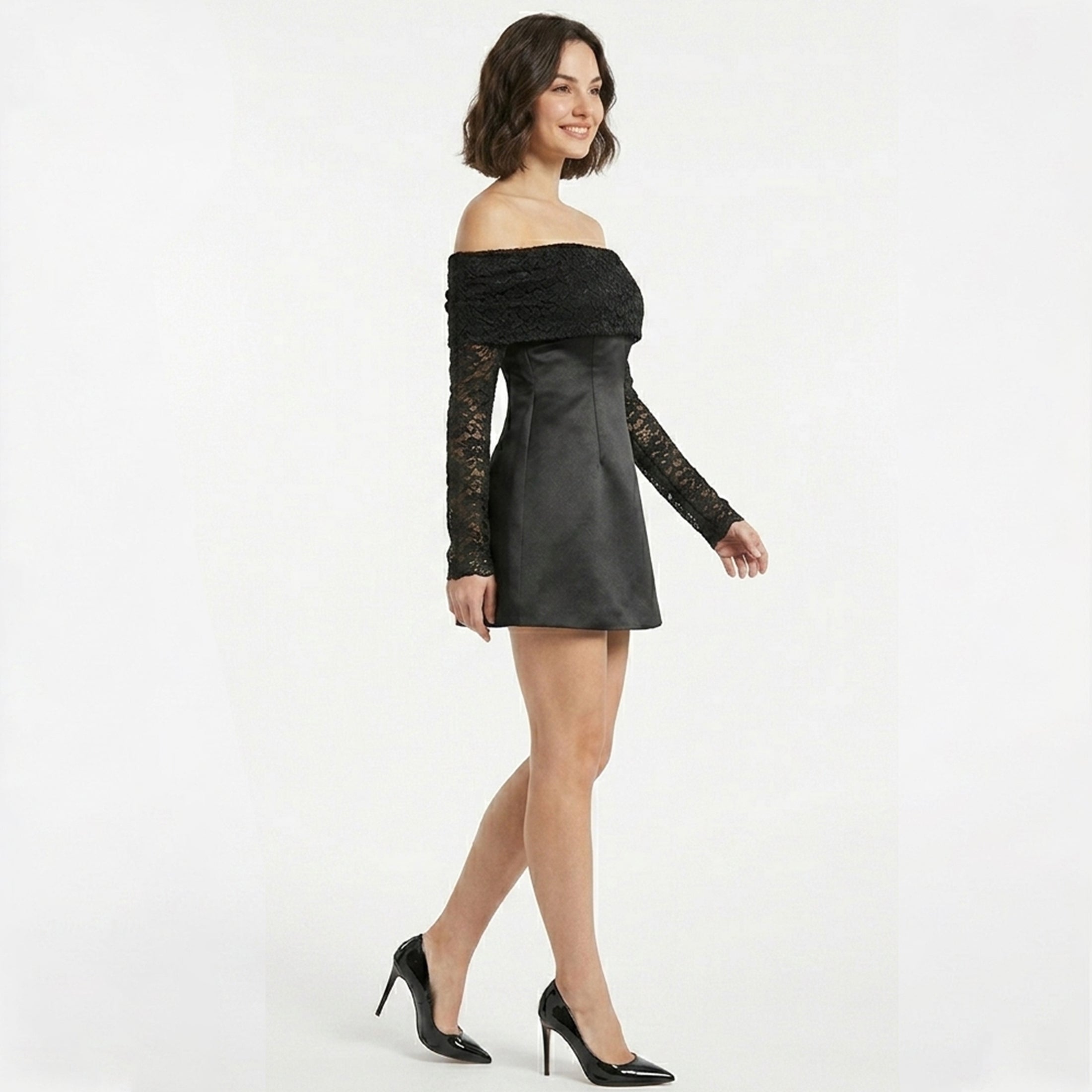 Robe Mini en Dentelle à Épaules Dégagées Cocktail Femme