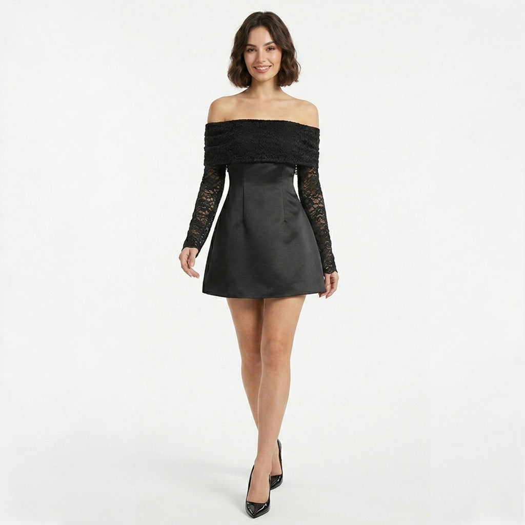 Robe Mini en Dentelle à Épaules Dégagées Cocktail Femme