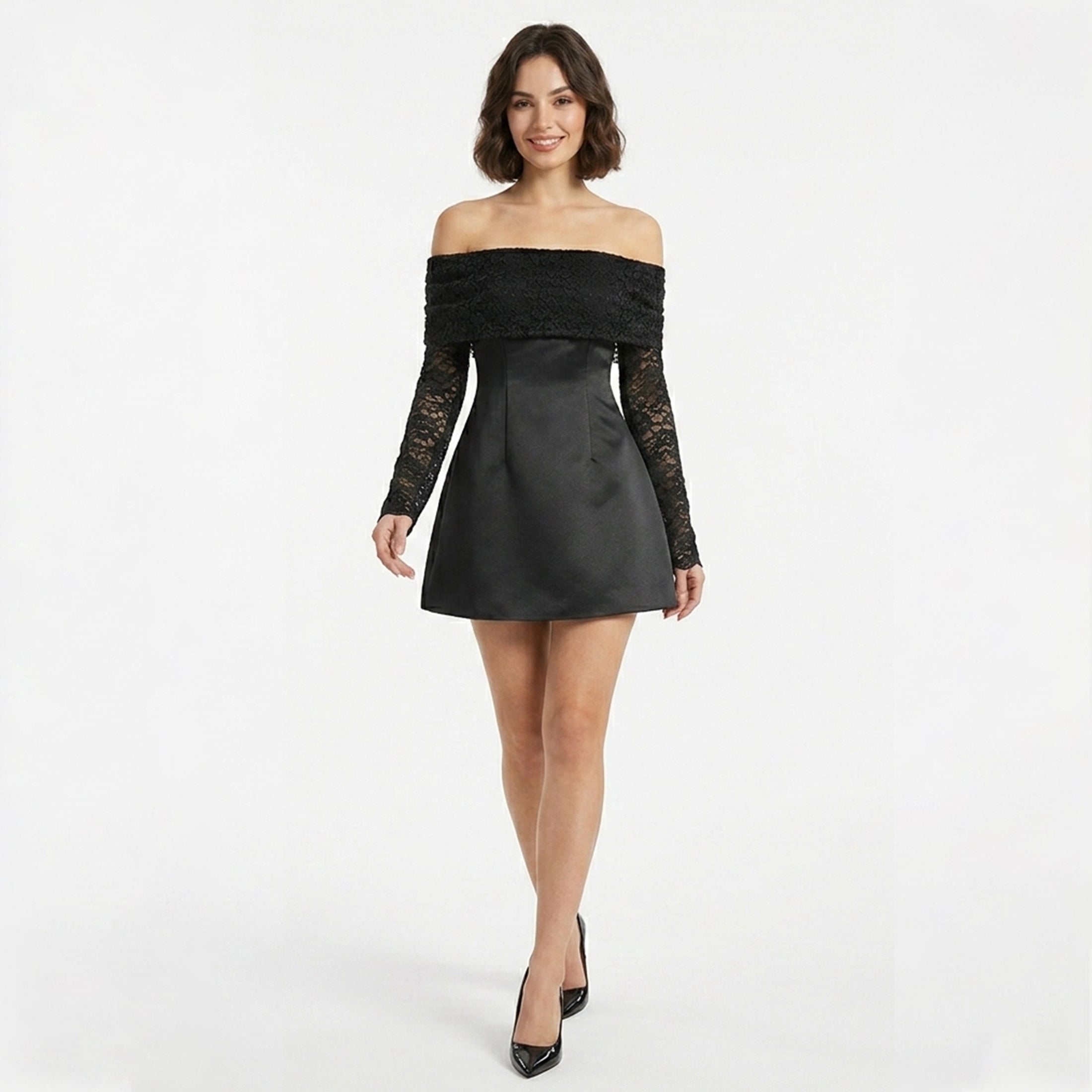 Robe Mini en Dentelle à Épaules Dégagées Cocktail Femme