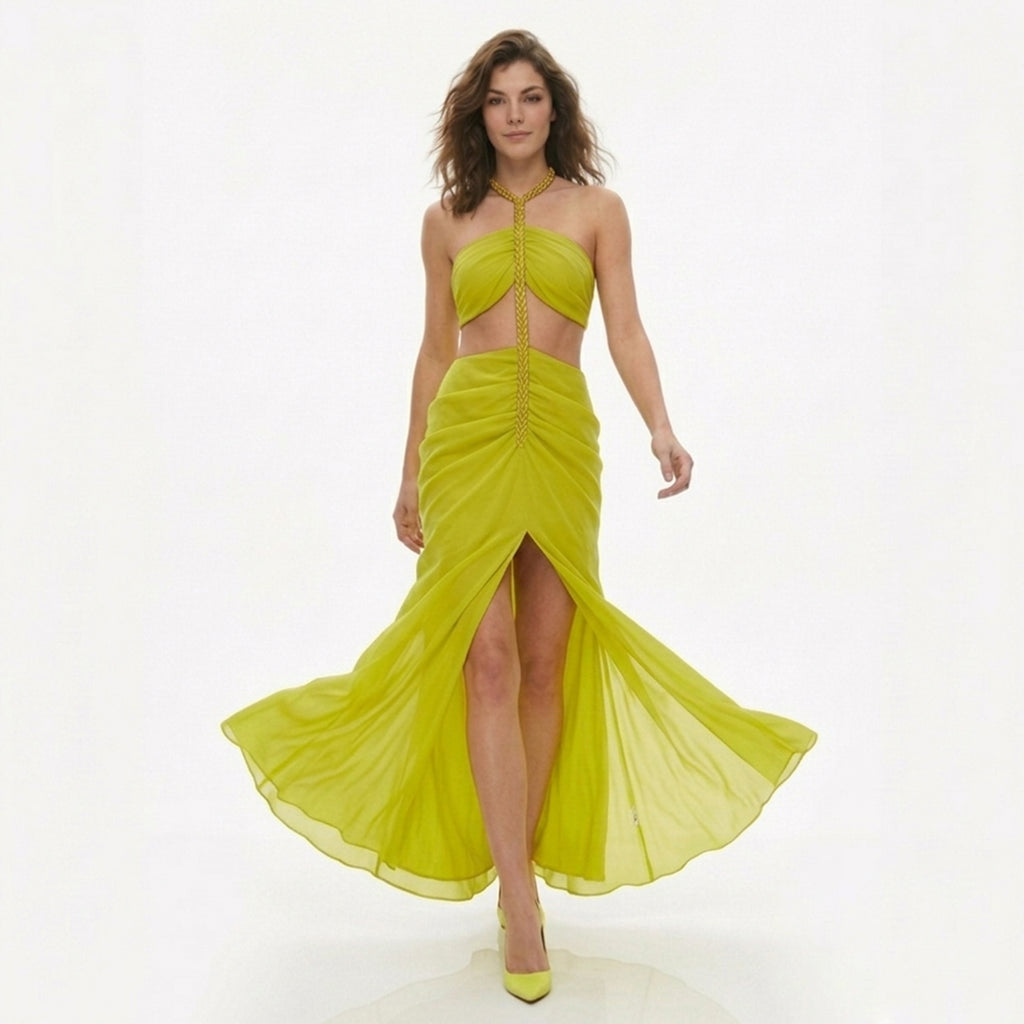 Robe maxi à encolure halter froncée pour femmes été