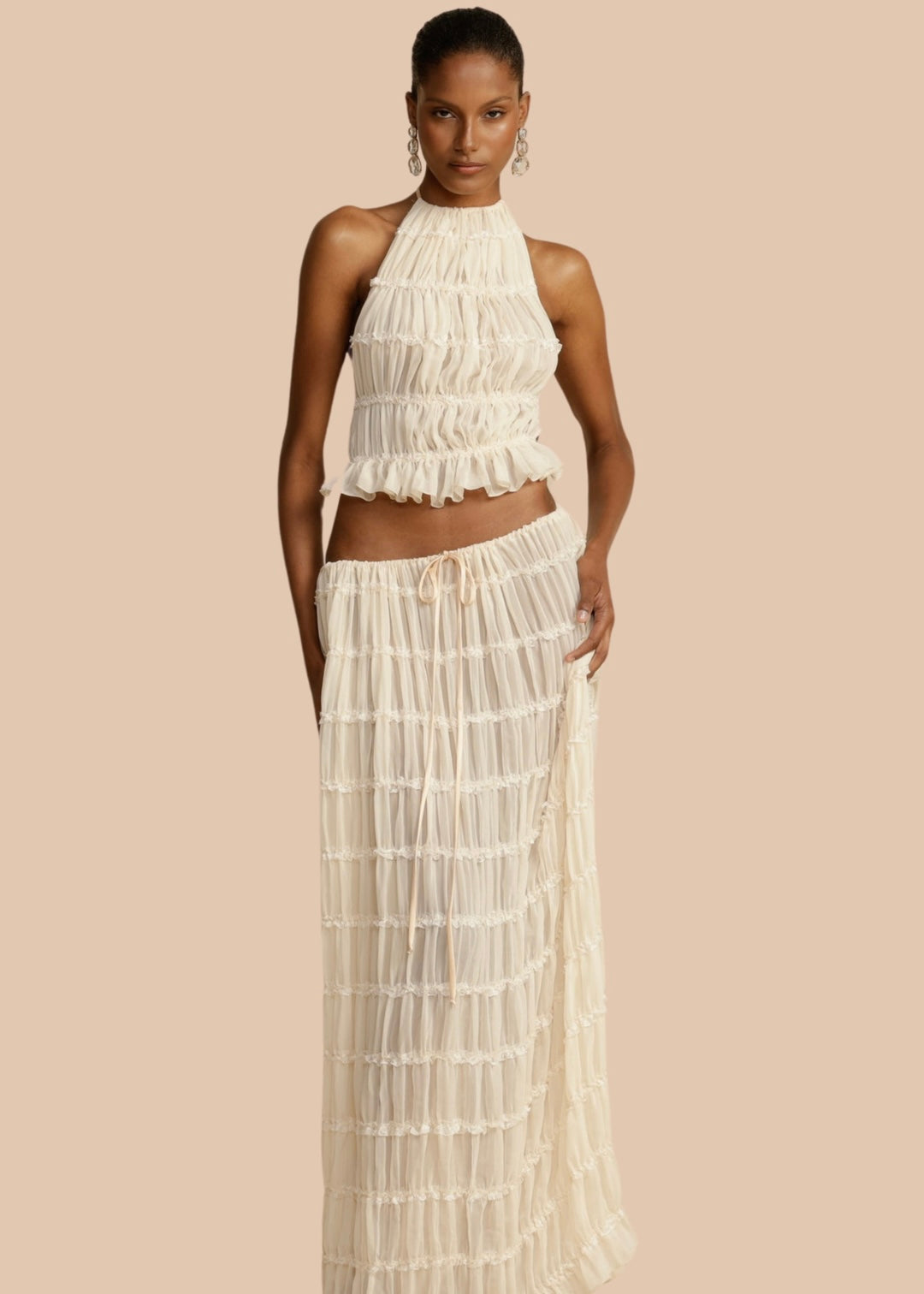 Backless two-piece skirt set in Cream