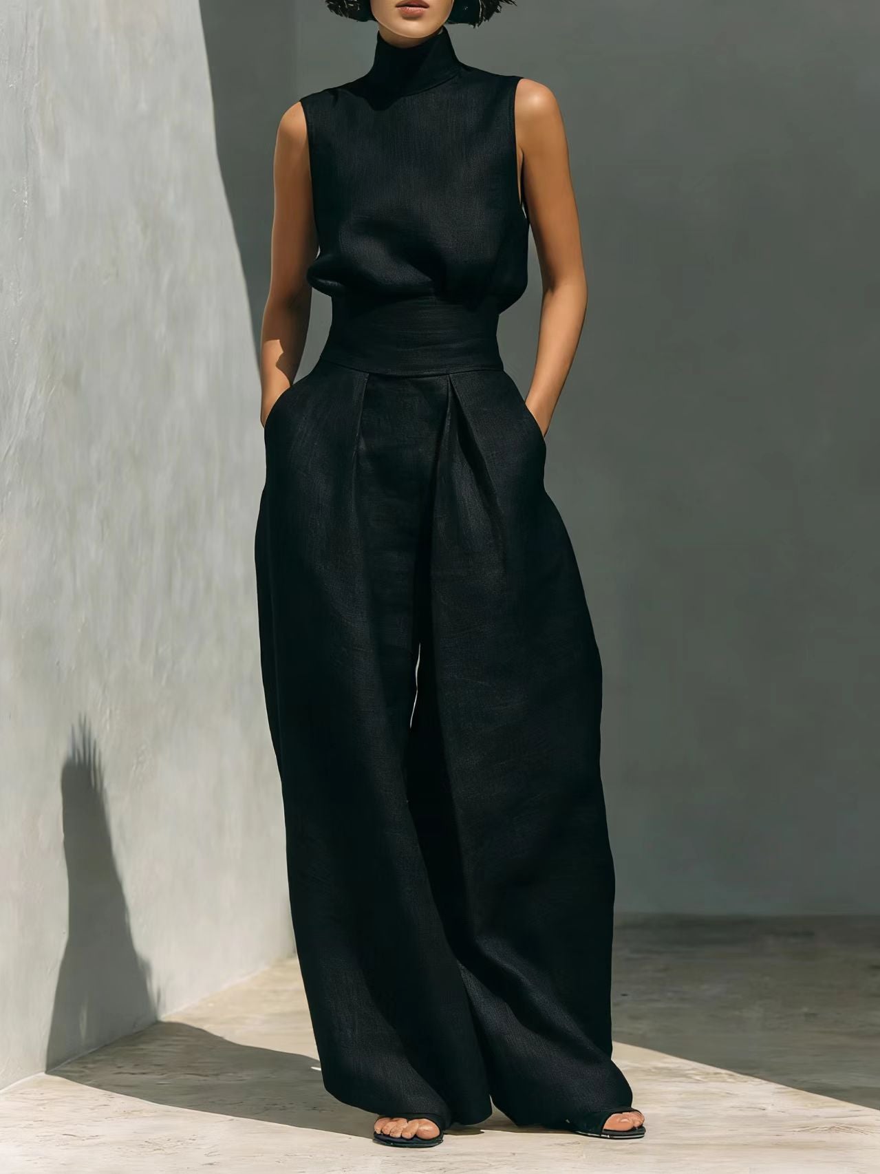 Mock-Neck Sleeveless Wide-Leg Trouser Set for Summer