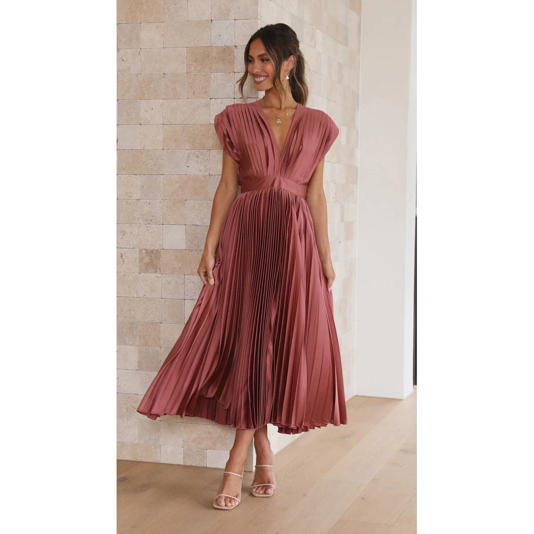 Pleated V-Neck Maxi Dress for Summer Weddings