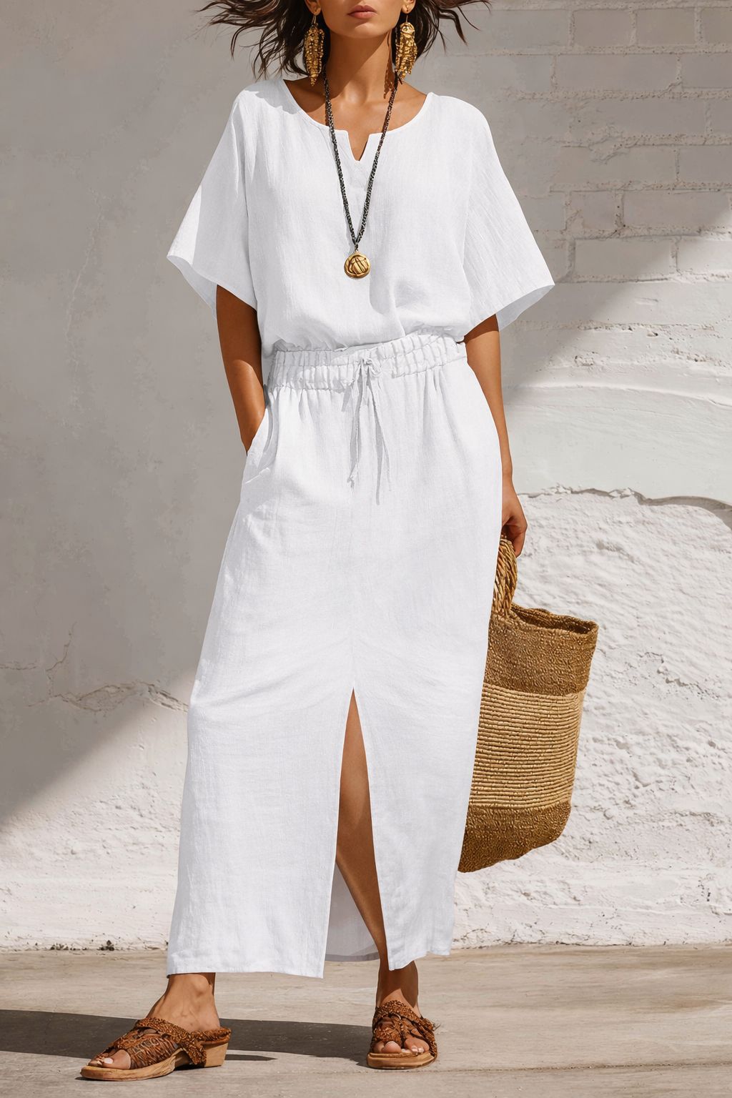 Short-Sleeve V-Neck Two-Piece Midi Set for Summer