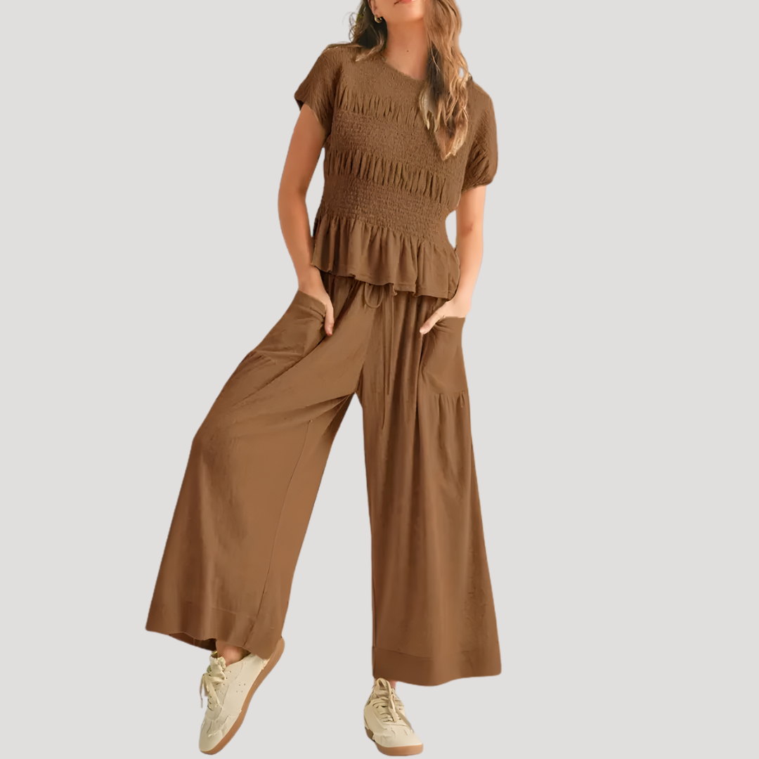 Peplum wide-leg two-piece set in Brown