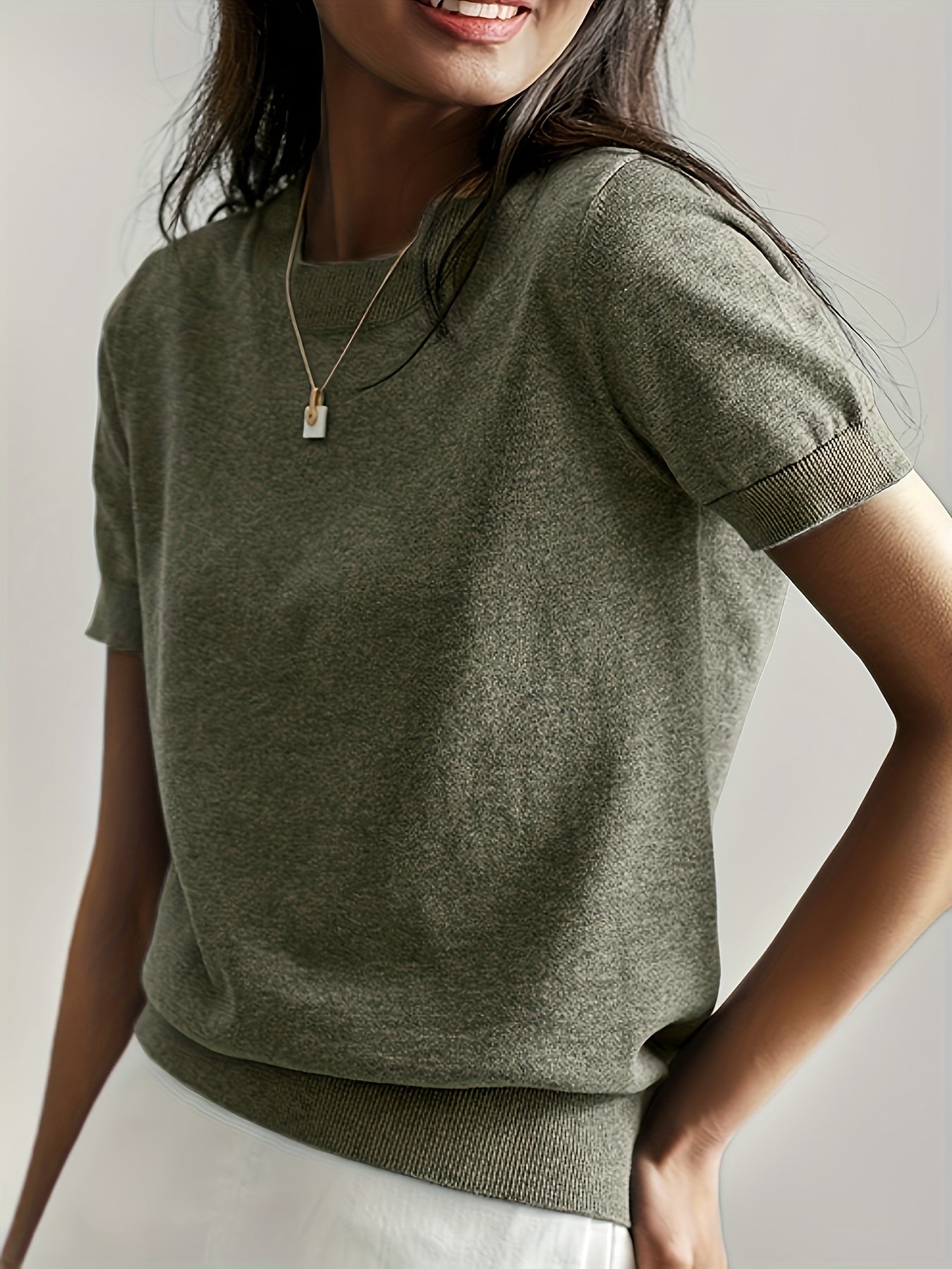 Green short sleeve knit sweater