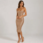 Robe de soirée midi scintillante à bretelles dorées pour femmes