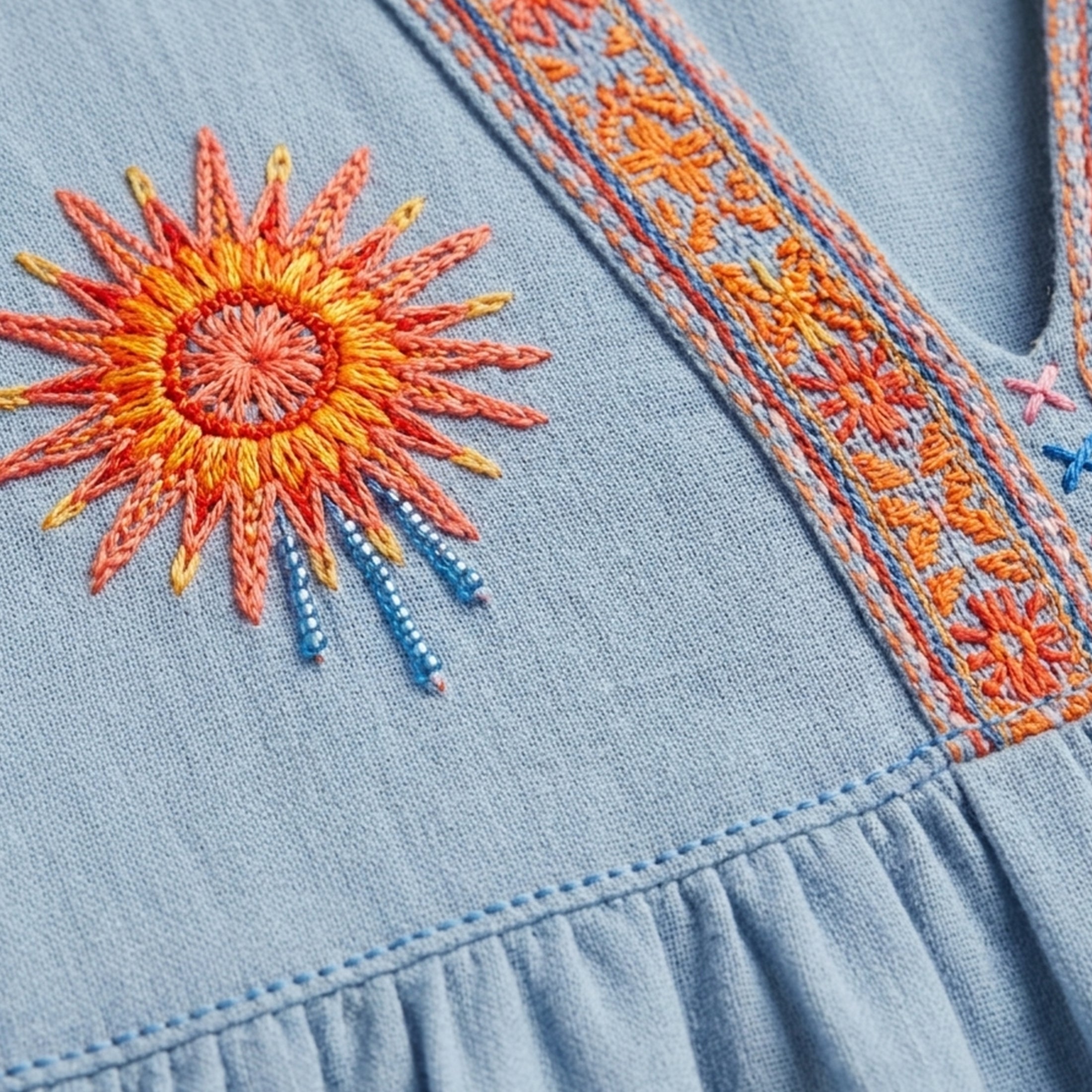 Blouse femme à manches bouffantes brodée de fleurs bleu avec décolleté en V