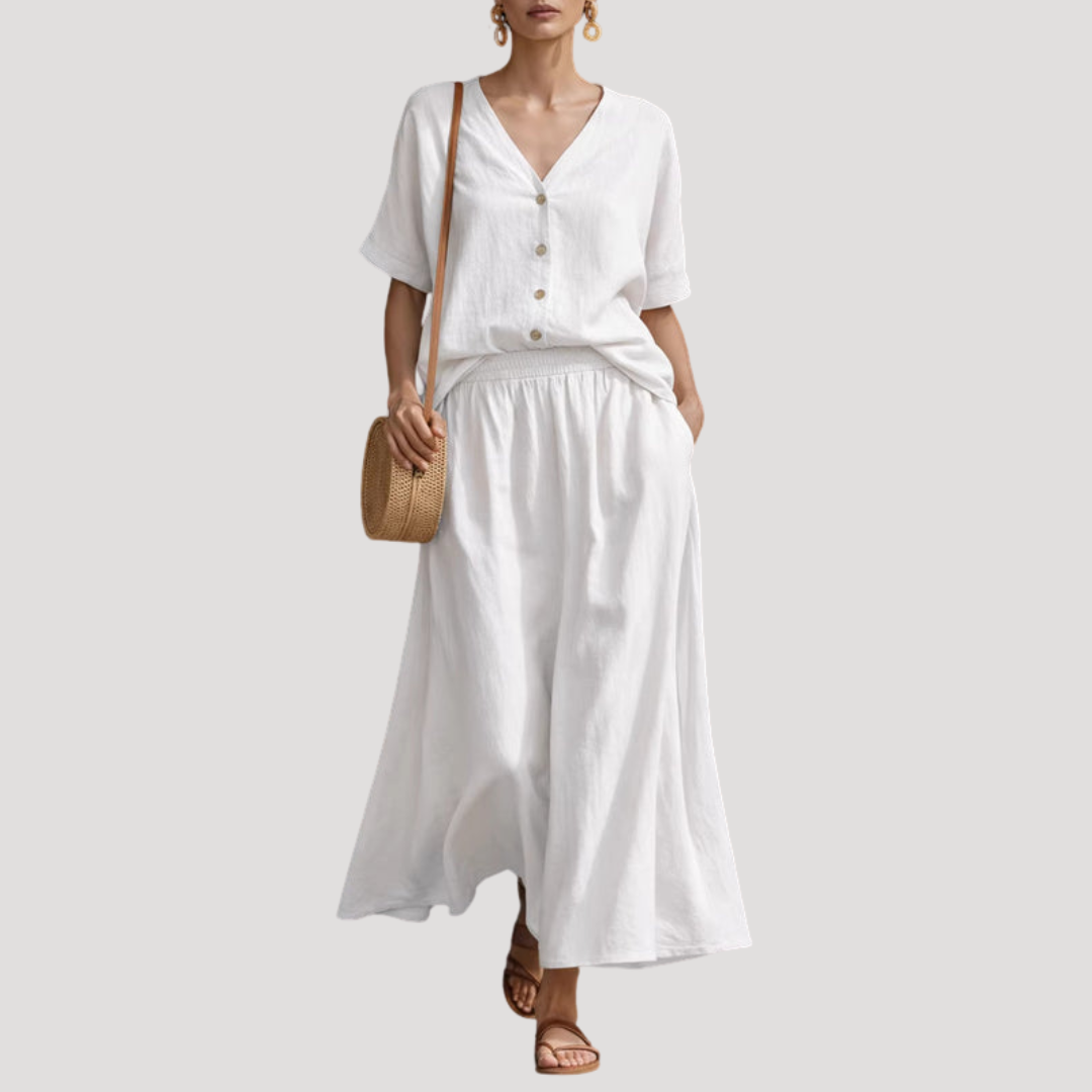 Button-front midi skirt set in white
