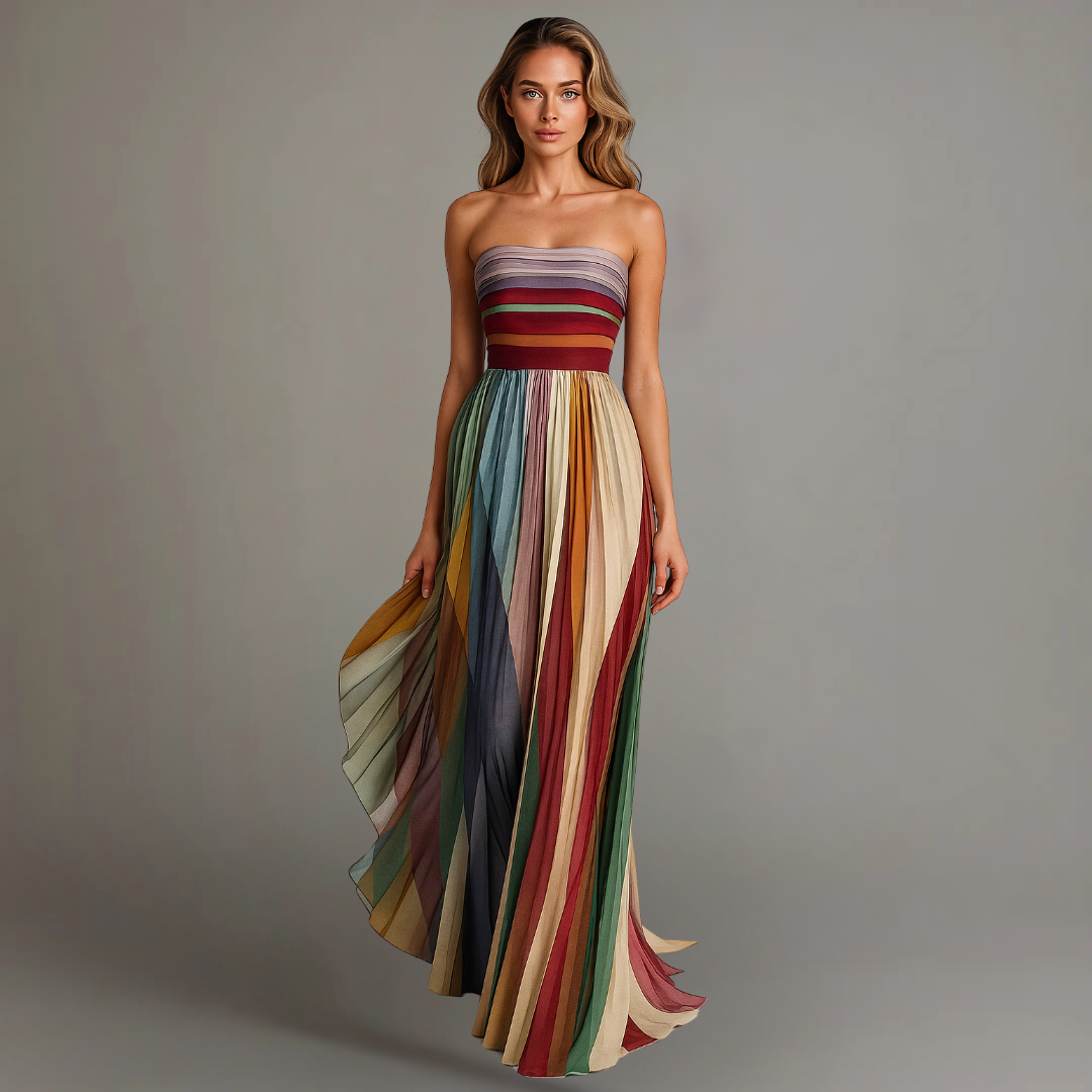 Strapless pleated maxi dress in a colorful print