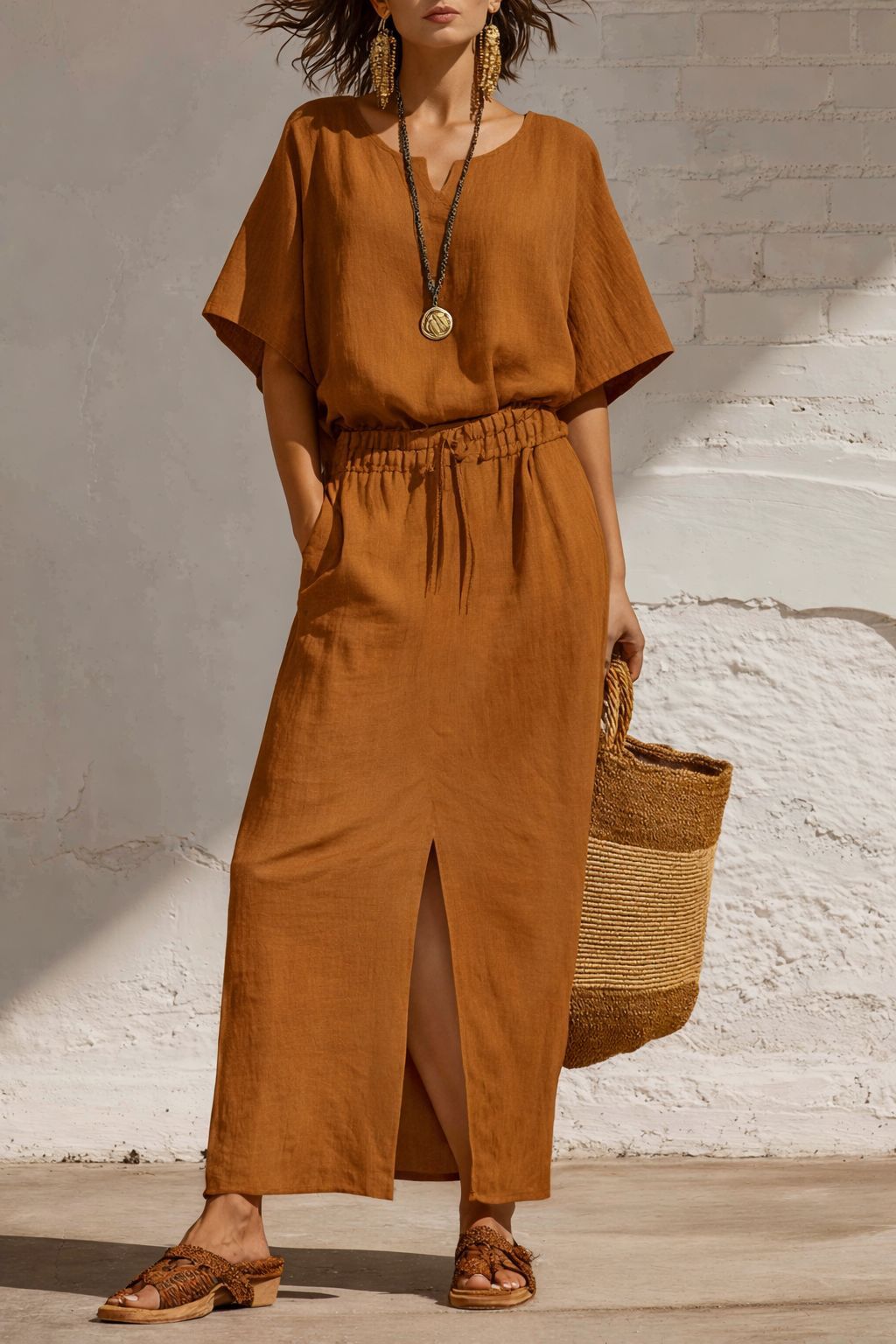 Short-Sleeve V-Neck Two-Piece Midi Set for Summer