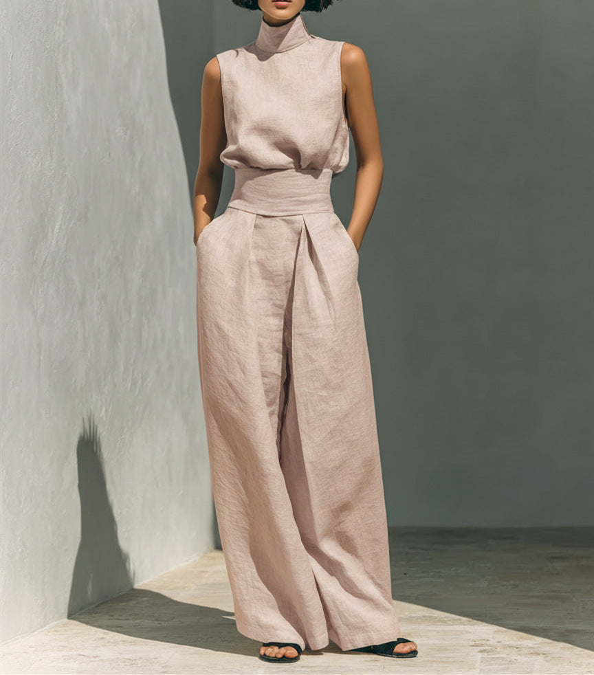 Mock-Neck Sleeveless Wide-Leg Trouser Set for Summer