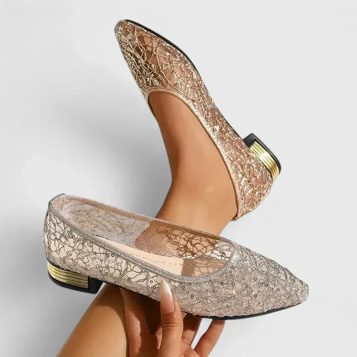Pointed toe studded ballet flats in gold