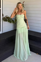 Floral strapless chiffon maxi dress in green, front view