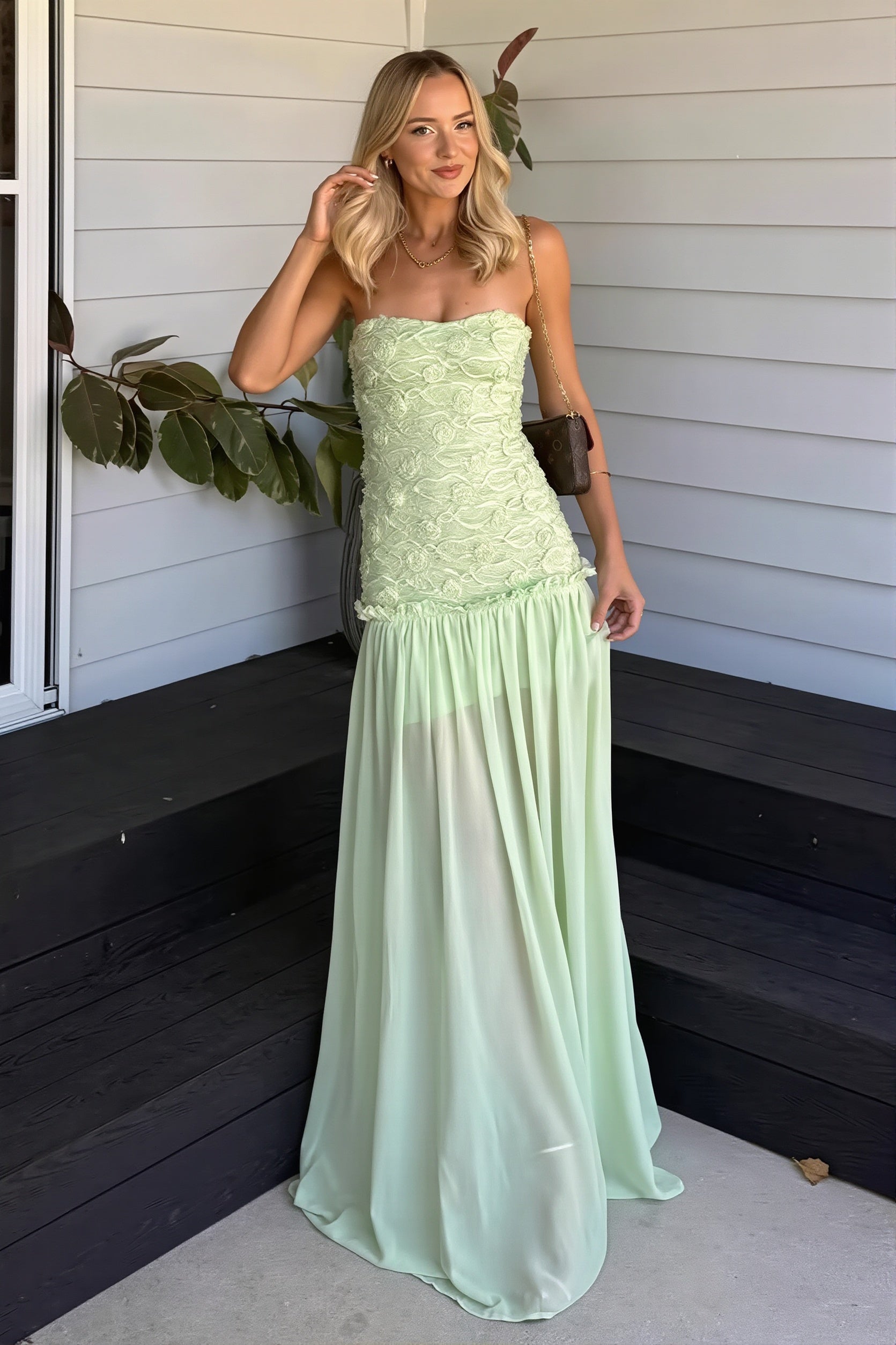 Floral strapless chiffon maxi dress in green, front view