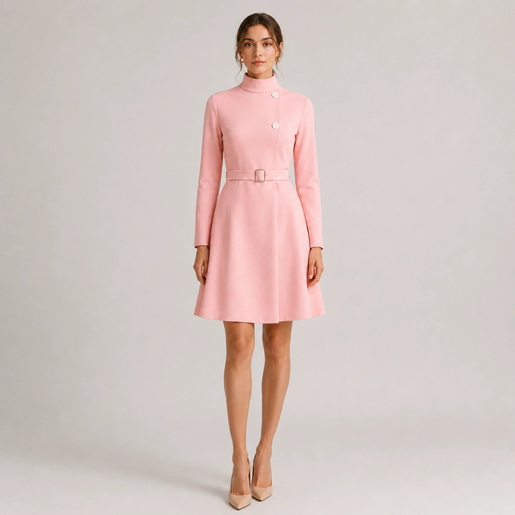Robe mini élégante ceinturée à col montant et manches longues pour femmes