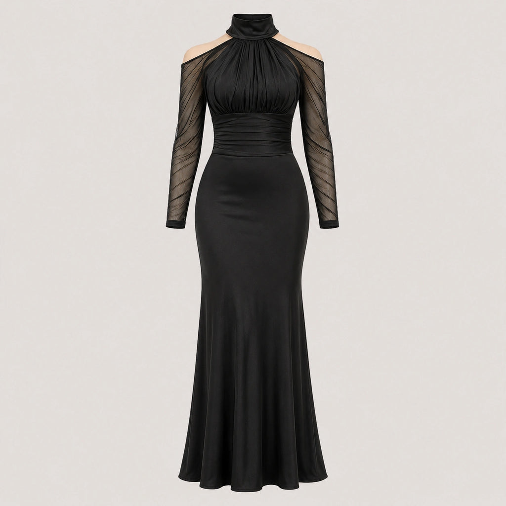Robe de soirée à col montant froncé pour femmes, épaules dénudées
