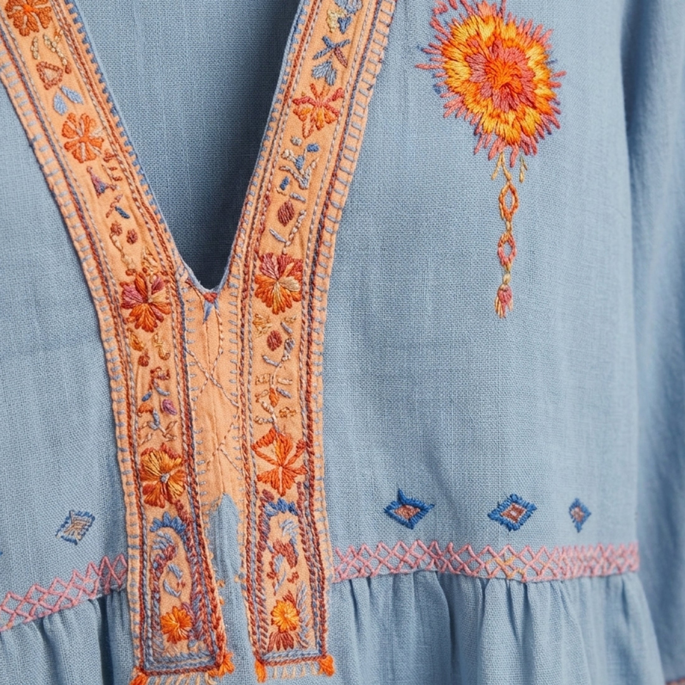 Blouse femme à manches bouffantes brodée de fleurs bleu avec décolleté en V