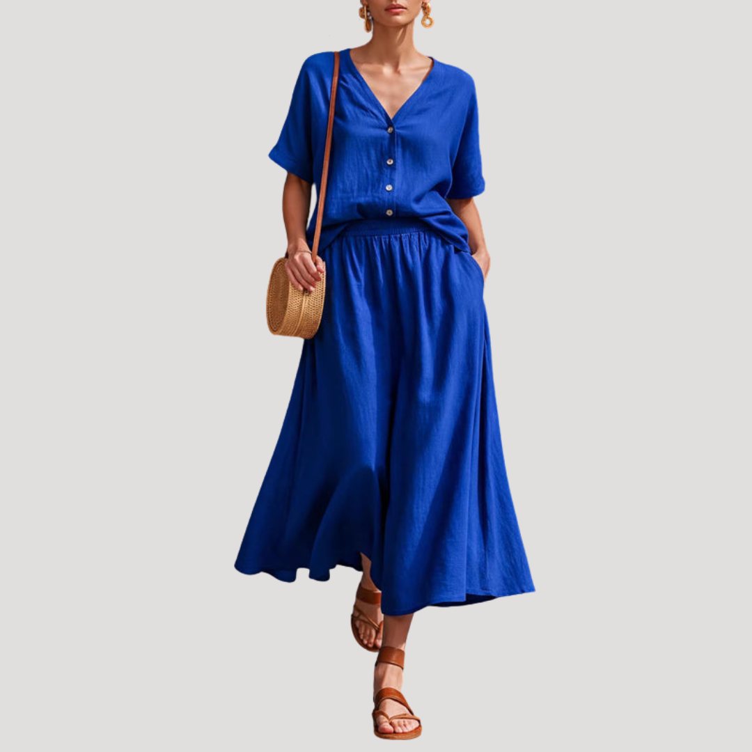 Button-front midi skirt set in blue