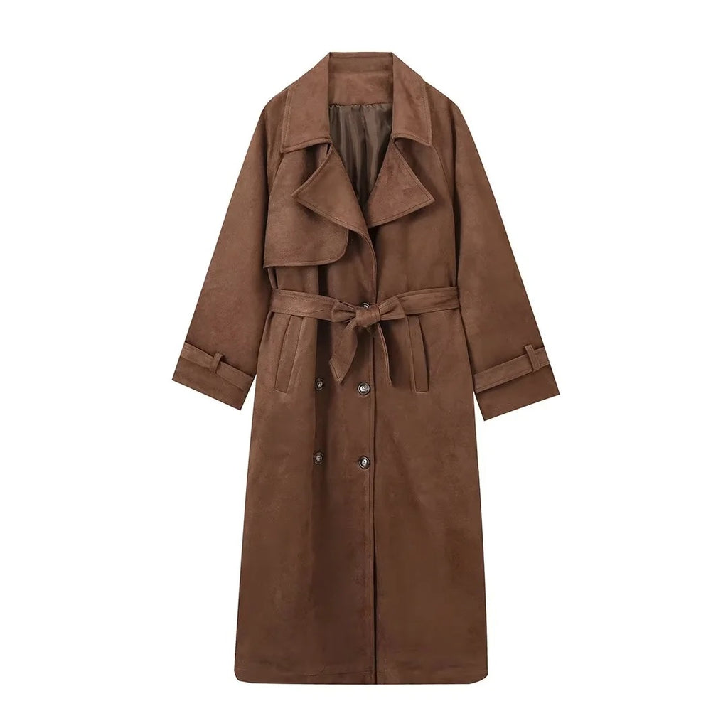 Trench Coat Longline Suede Belted for Autumn