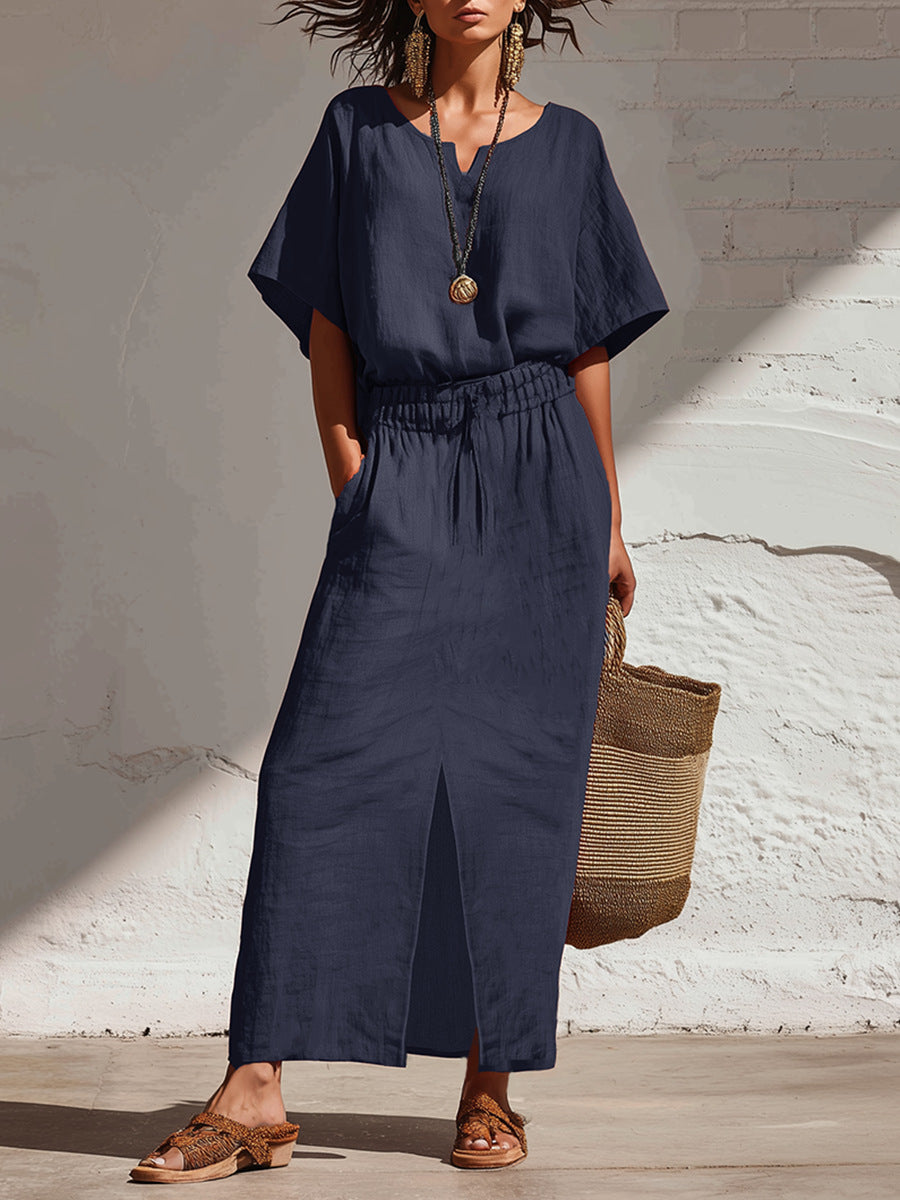 Short-Sleeve V-Neck Two-Piece Midi Set for Summer