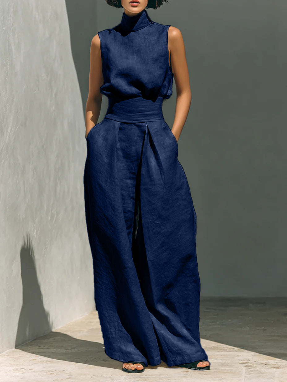 Mock-Neck Sleeveless Wide-Leg Trouser Set for Summer