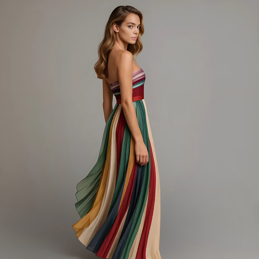 Colorful pleated maxi dress movement view
