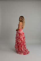 Red floral ruffle maxi dress detail