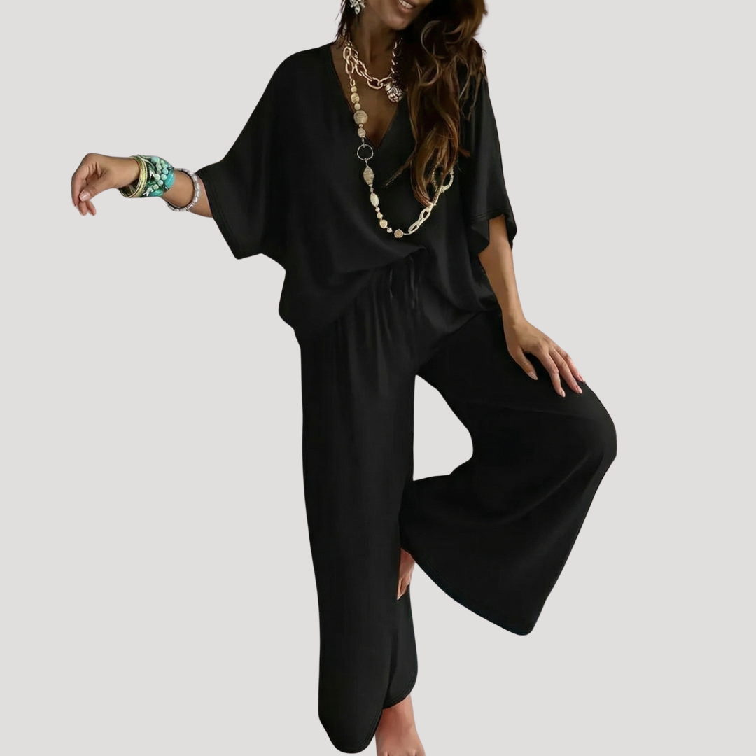 Wide-leg two-piece trouser set in black