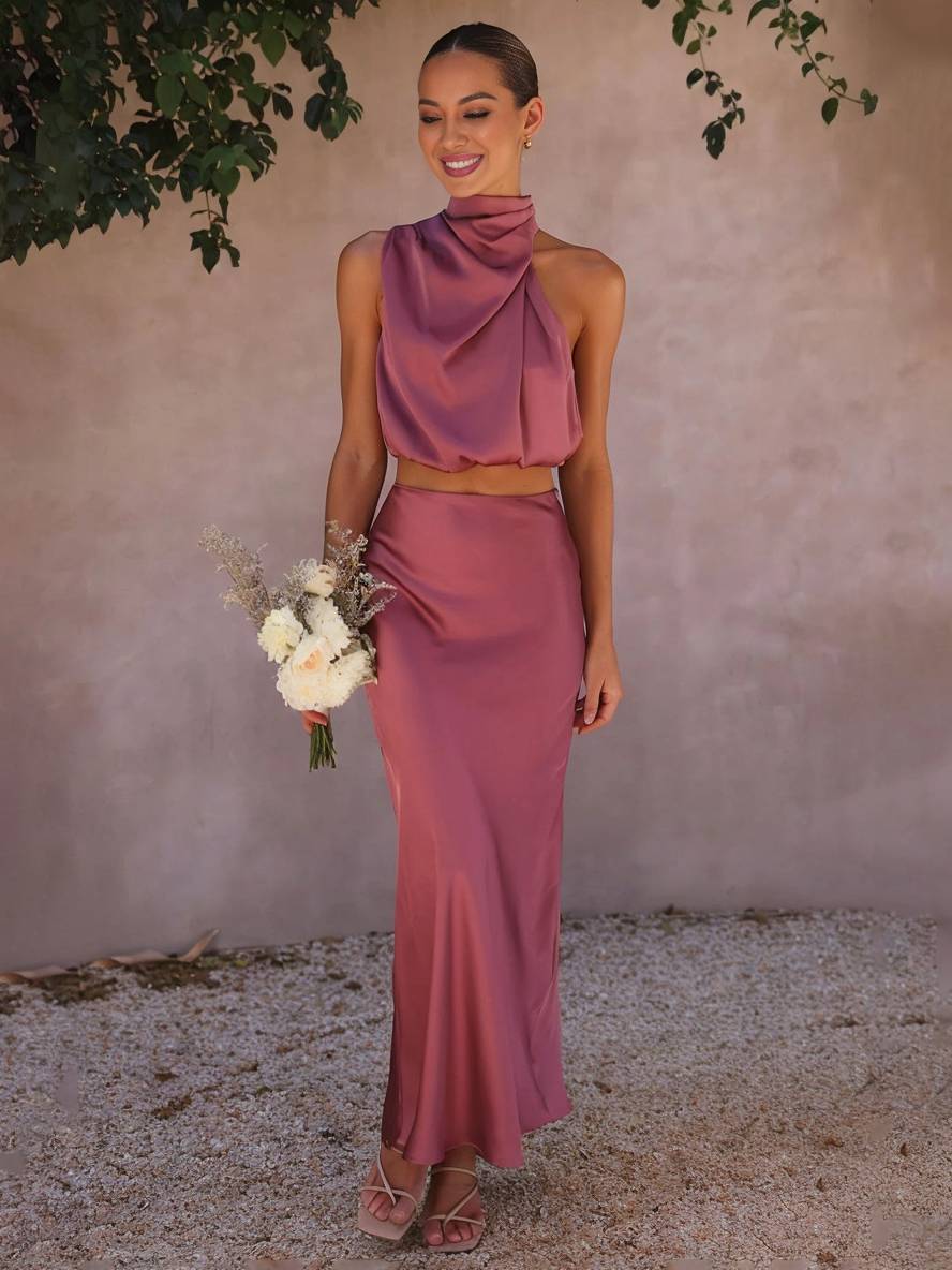 Raspberry halter neck two-piece set