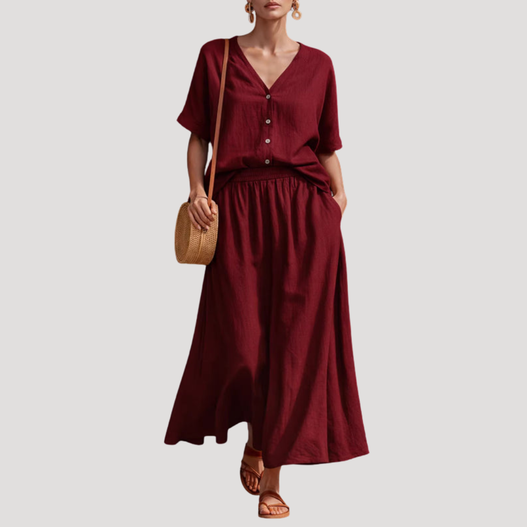 Button-front midi skirt set in burgundy