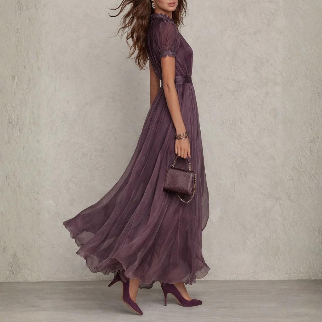 Purple chiffon tie-neck maxi dress detail