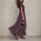 Purple chiffon tie-neck maxi dress detail