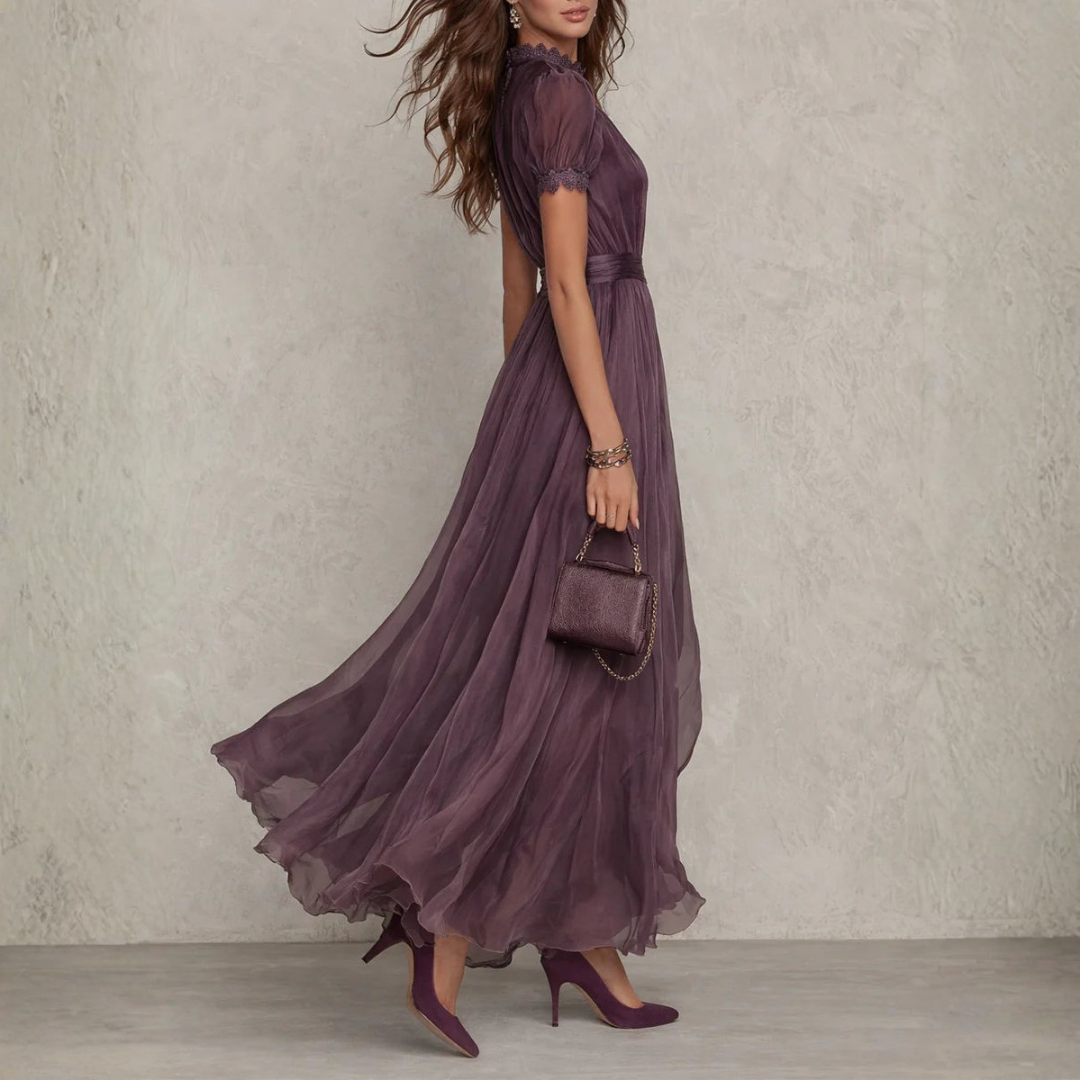 Purple chiffon tie-neck maxi dress detail
