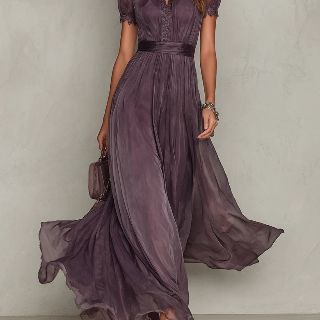 Purple chiffon tie-neck maxi dress side