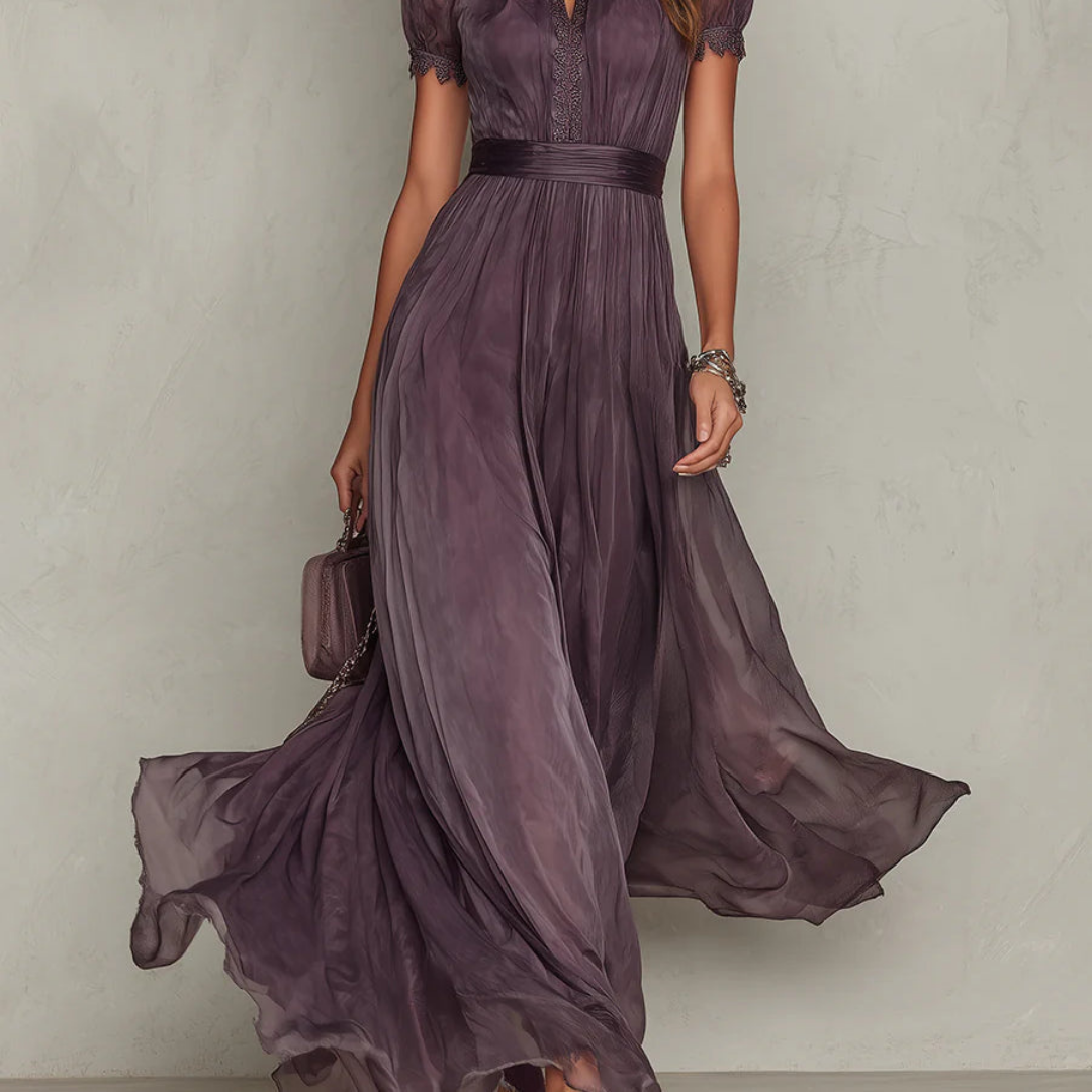Purple chiffon tie-neck maxi dress side