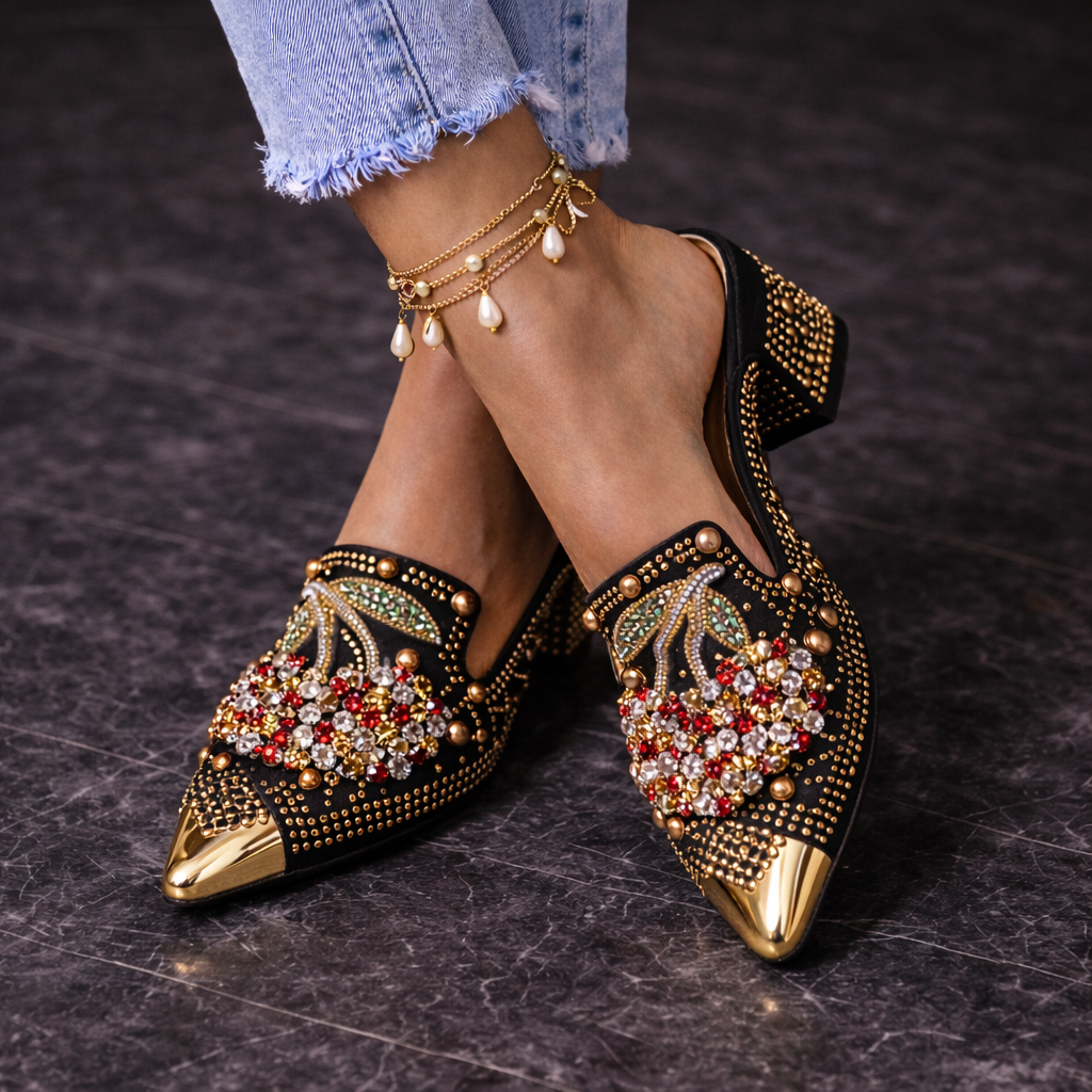 Black crystal cherry heels