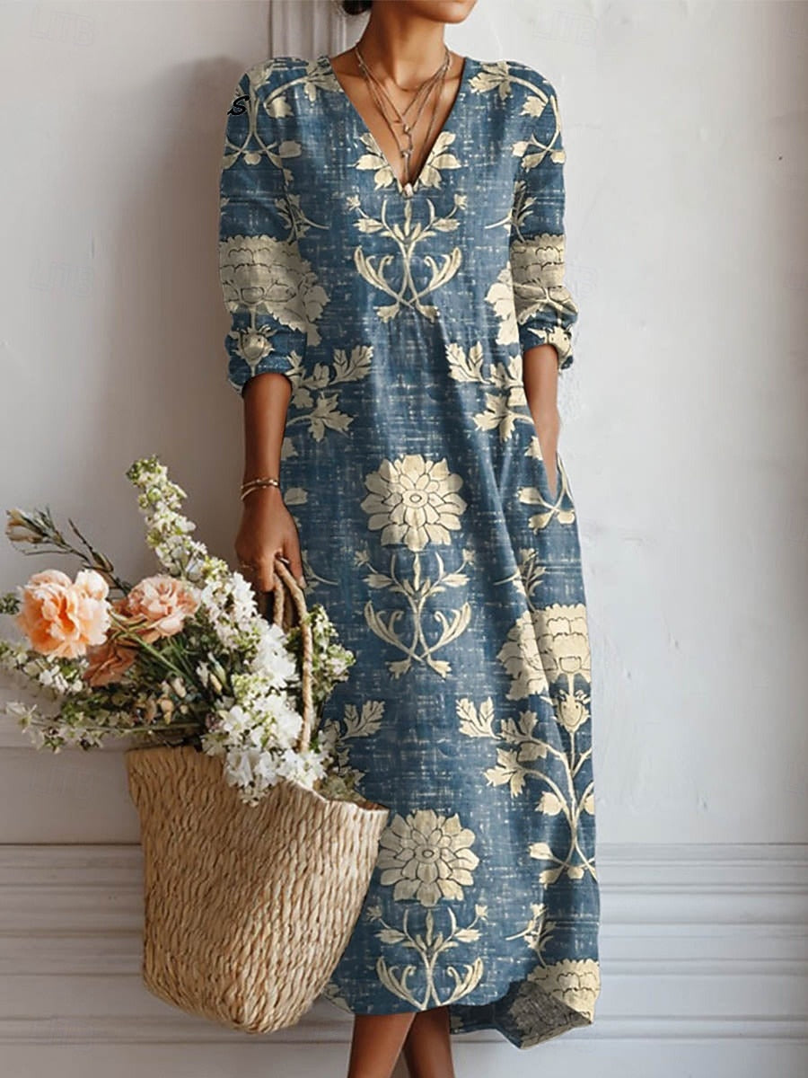Floral Blue vintage V-neck midi dress