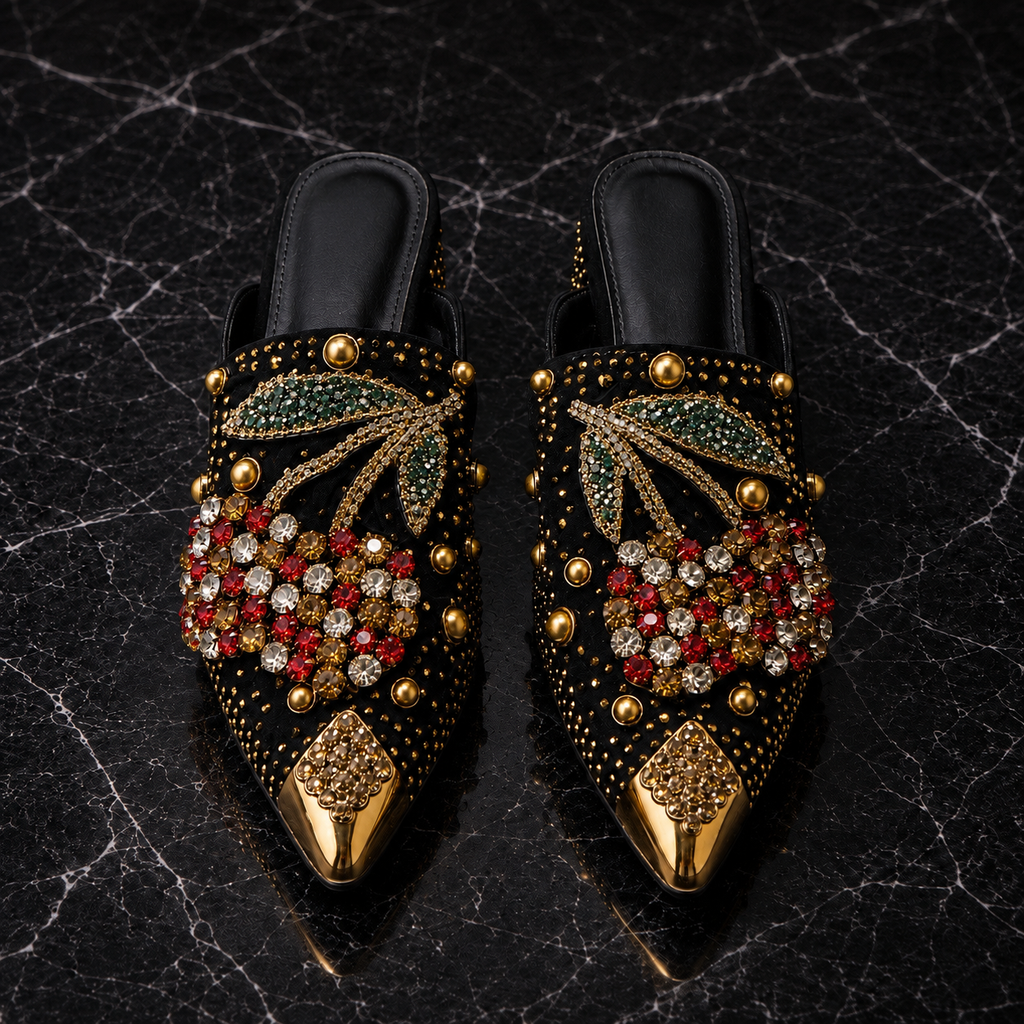 Crystal cherry heels detail