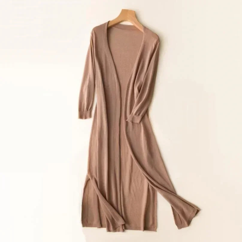 Khaki open-front long sleeve cardigan