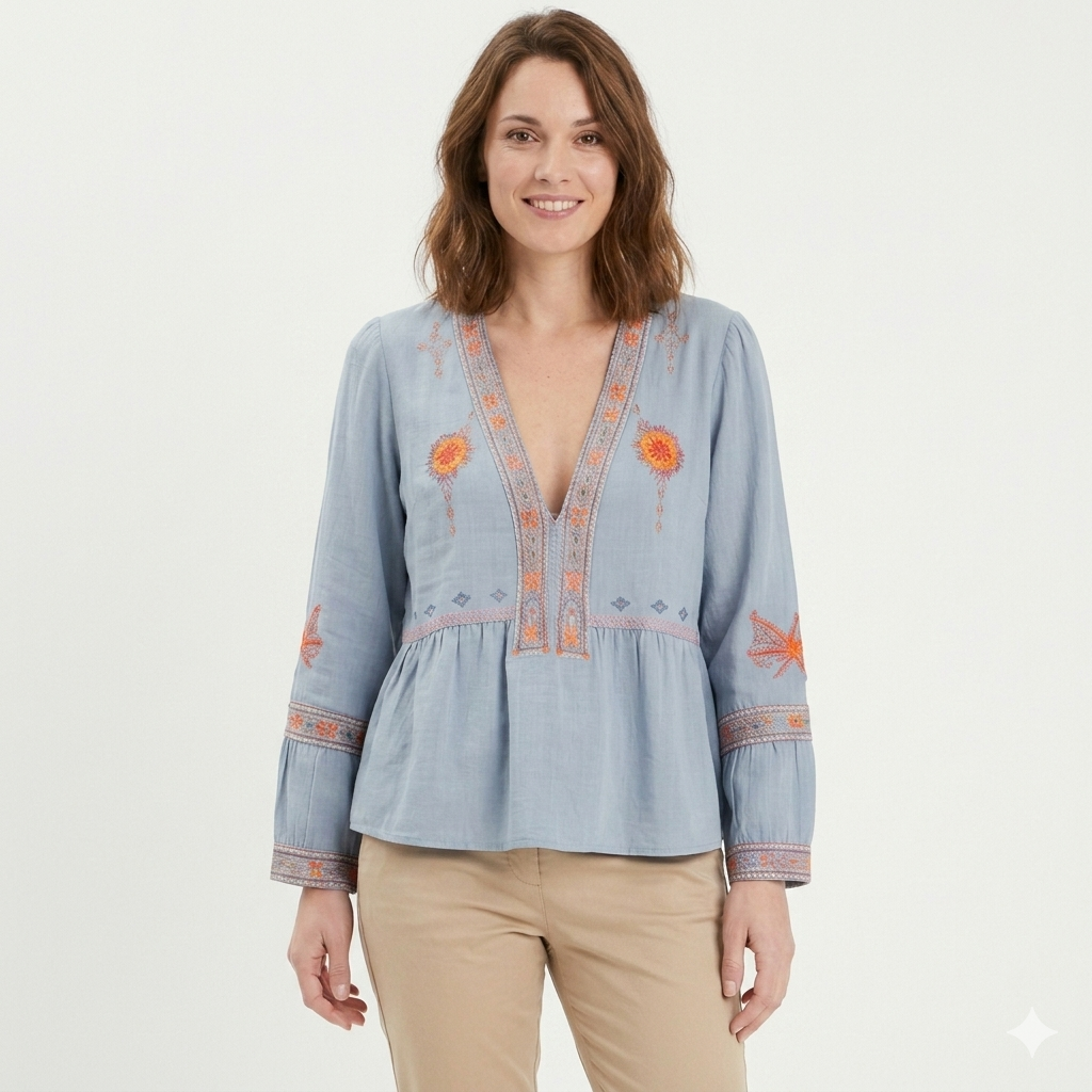 Blouse femme à manches bouffantes brodée de fleurs bleu avec décolleté en V