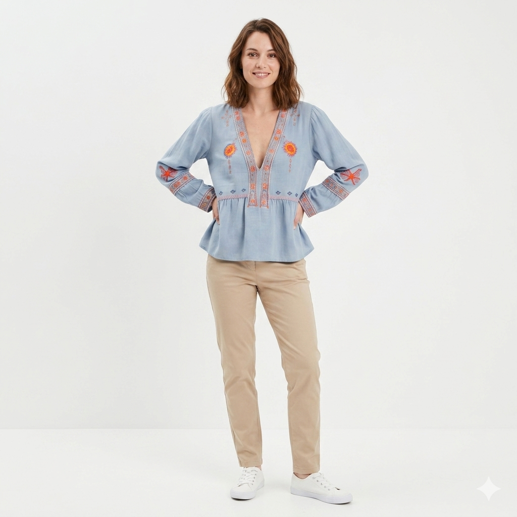 Blouse femme à manches bouffantes brodée de fleurs bleu avec décolleté en V