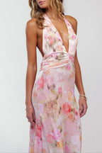Pink floral halter maxi dress, side view