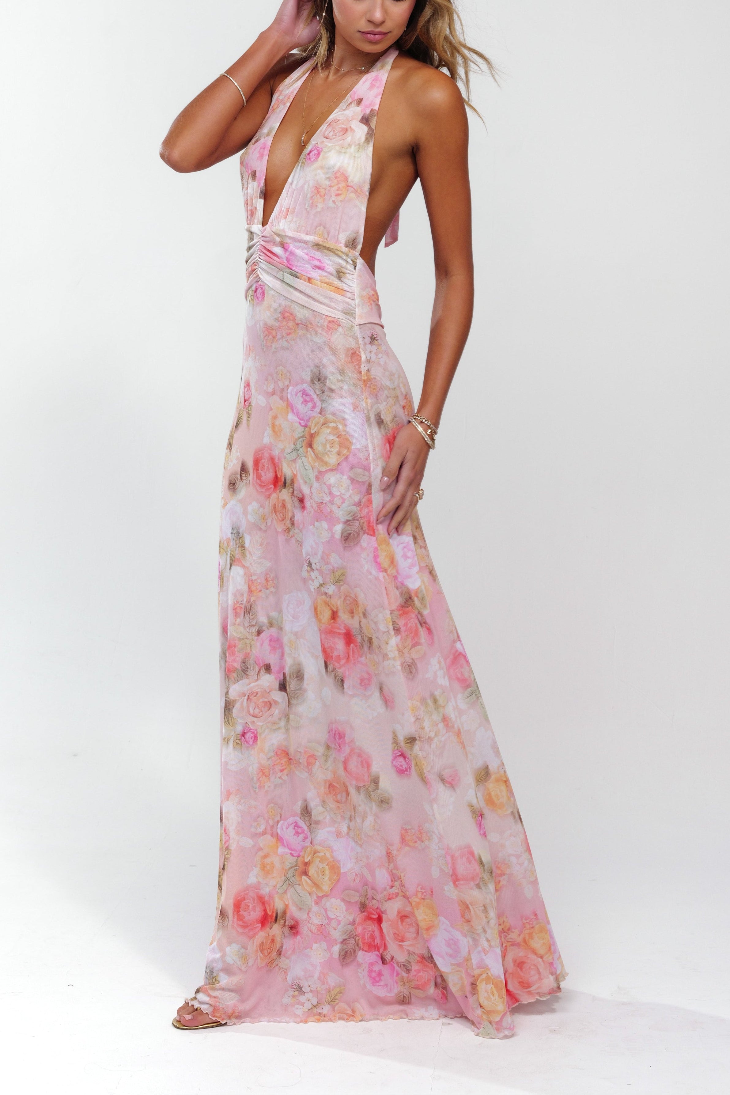Pink floral halter maxi dress, three-quarter view