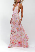 Pink floral maxi dress full-length front view